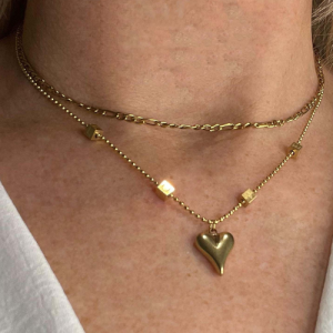 Gouden dubbele ketting met hartvormige hanger en letters, roestvrij staal, trendy dames sieraad."